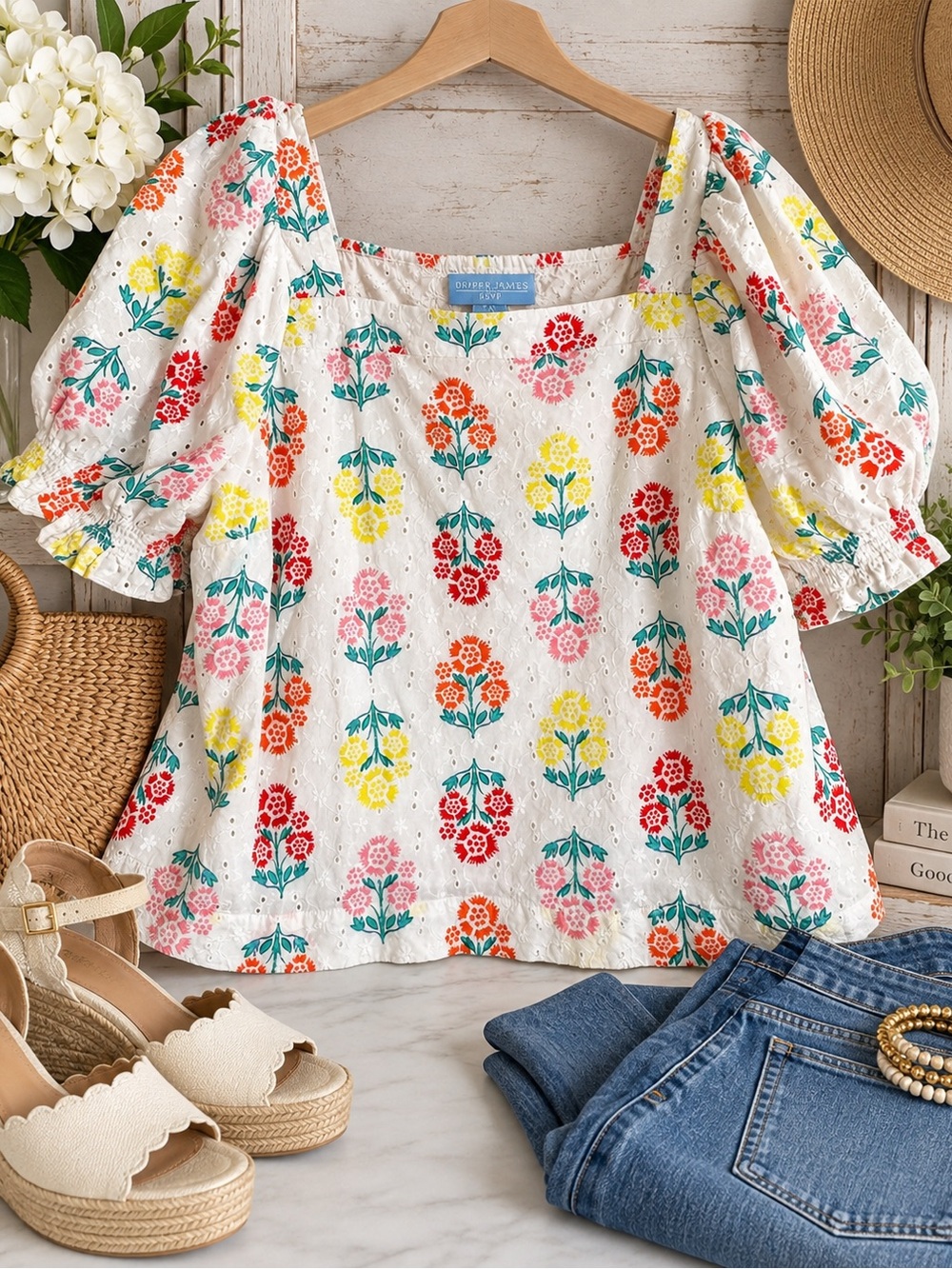 Draper James White Eyelet Floral Square-Neck Puff Sleeve Top